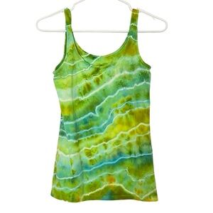 Upcycled Ice Tie Dye Tank Top Womens Size XS Handmade Geode Green Blue Cotton